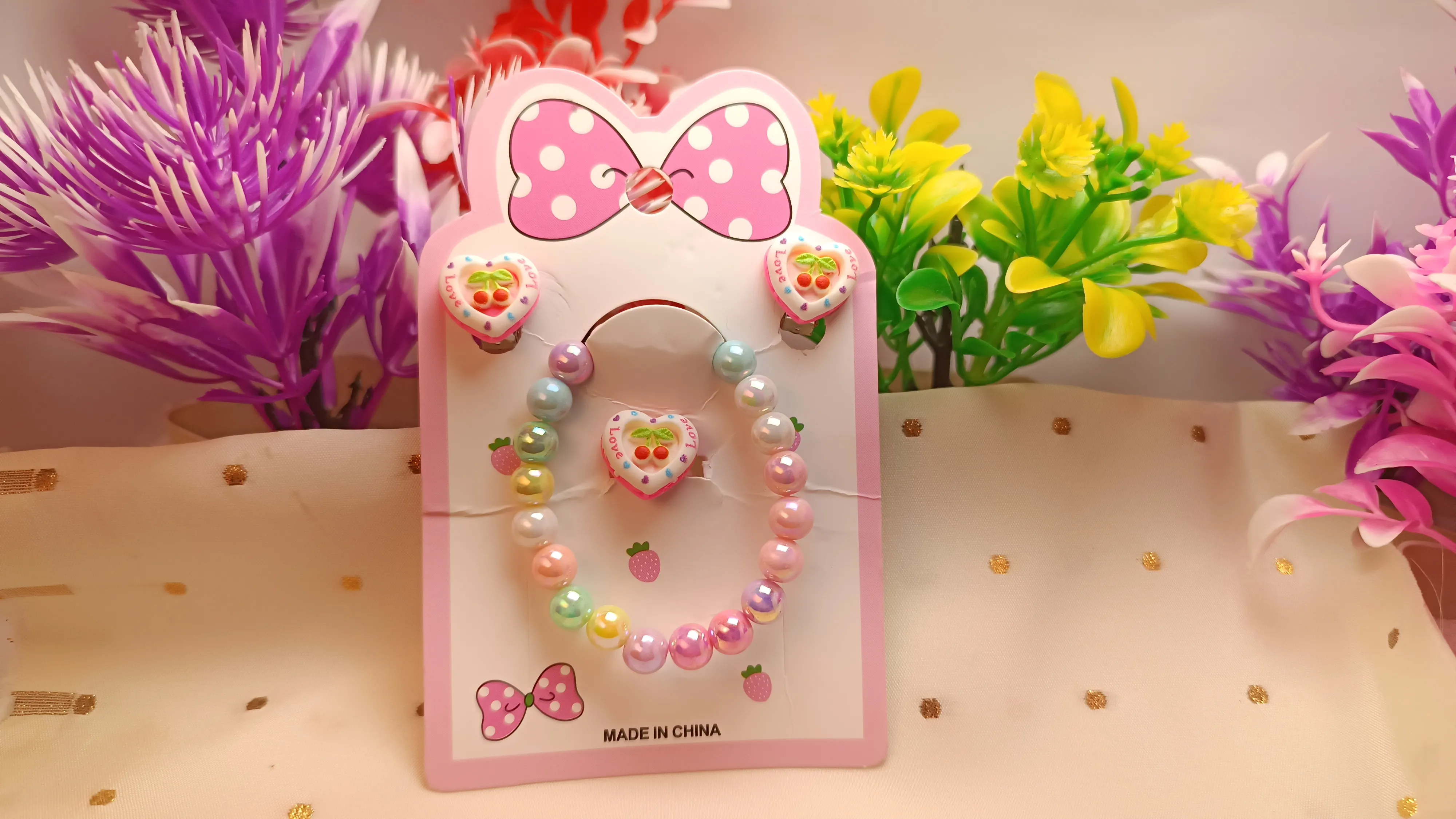 Kids' 4-Piece Pastel Jewelry Set – Includes Stretch Bracelet, Adjustable Ring, and Clip-On Earrings